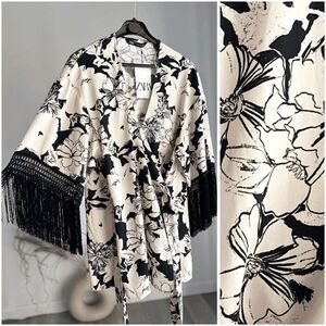 ZARA WRAP FRINGED PRINTED VISCOSE JACKET ECRU / BLACK XS-S NWT